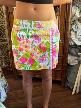 Lilly Pulitzer Pink & Green Floral Patchwork Mini Skirt with Pom-Pom Trim